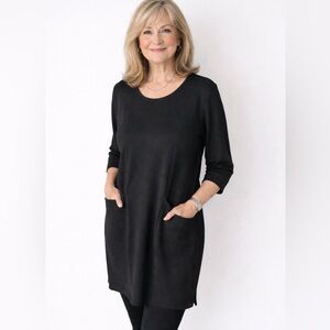 Creation Black Ribbed Knit Tunic Dress Crew Neck 3/4 Sleeve Pockets Large
